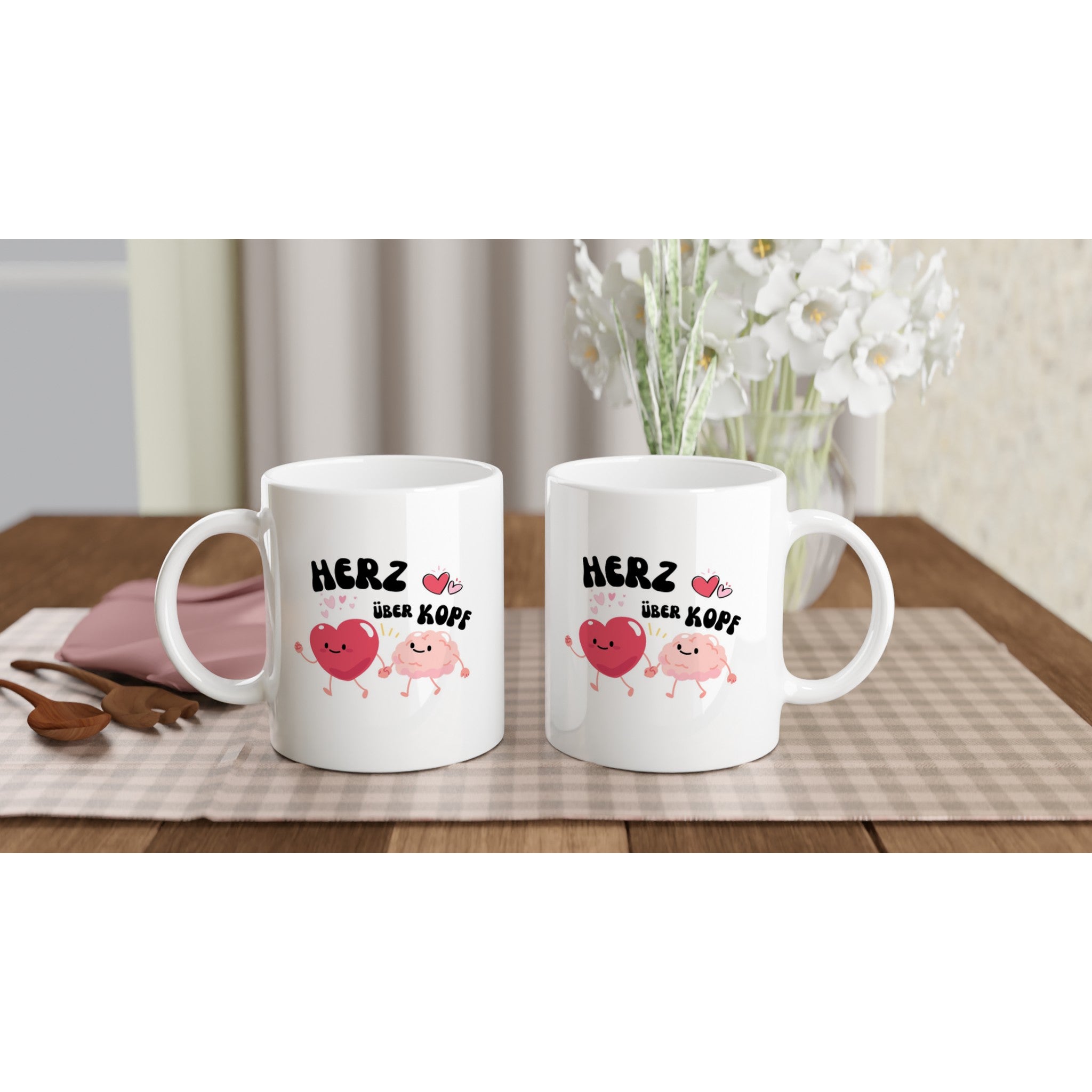 Weiße Keramiktasse mit spirituellem Herz über Kopf Design, hochwertig bedruckt, nachhaltig, melaniesouldesign, Blume des.