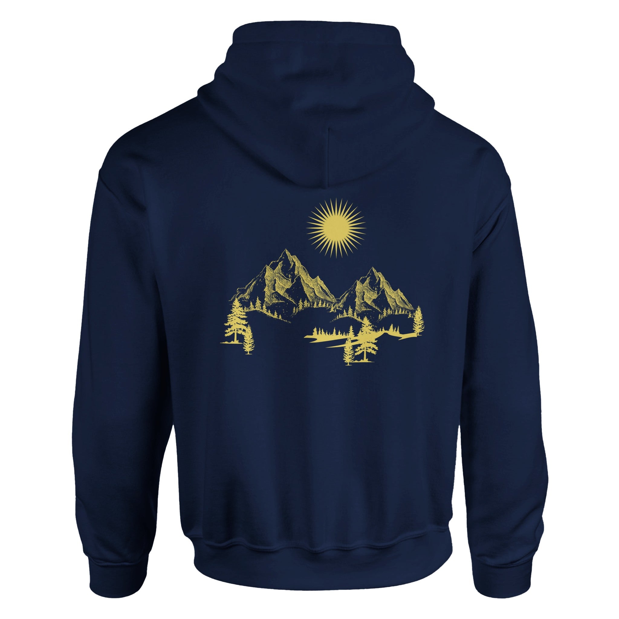 Dunkelblauer Unisex-Hoodie aus hochwertigem Baumwoll-Mix mit spirituellem Bergmotiv und gelber Sonne, nachhaltiges.