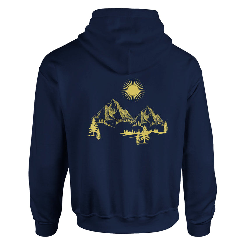 Dunkelblauer Unisex-Hoodie aus hochwertigem Baumwoll-Mix mit spirituellem Bergmotiv und gelber Sonne, nachhaltiges.