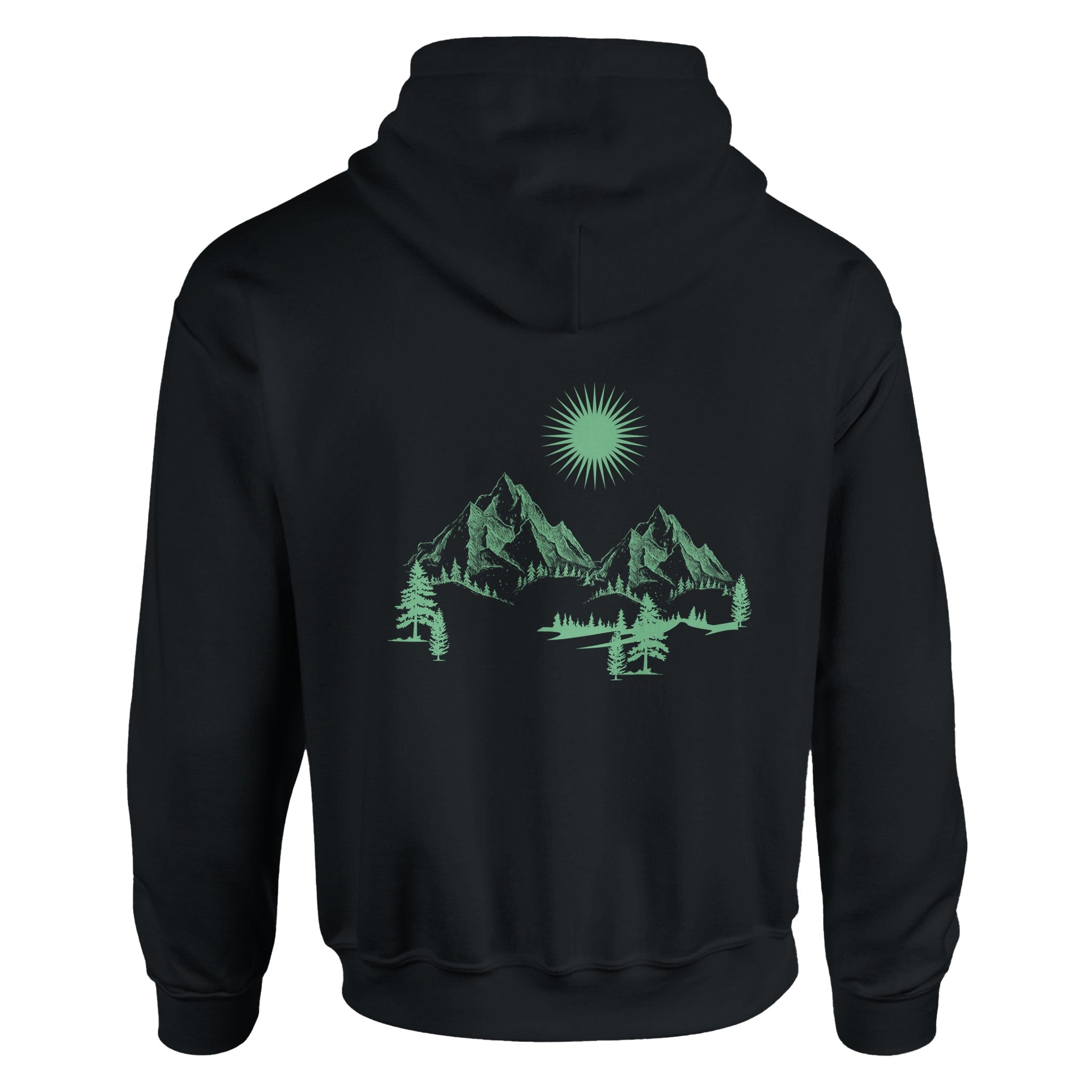 Schwarzer Unisex Hoodie aus hochwertigem Baumwoll-Polyester-Mix mit spirituellem Bergmotiv und grünem.