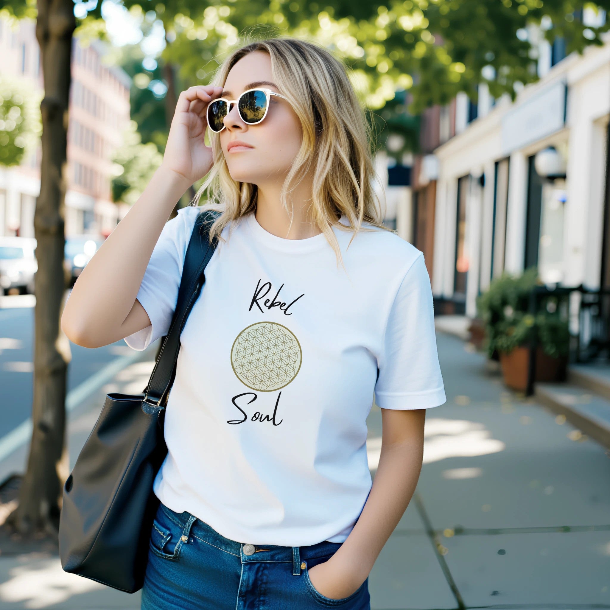 Weißes Unisex-T-Shirt aus hochwertiger Baumwolle mit spirituellem Blume des Lebens Print und melaniesouldesign Schriftzug.