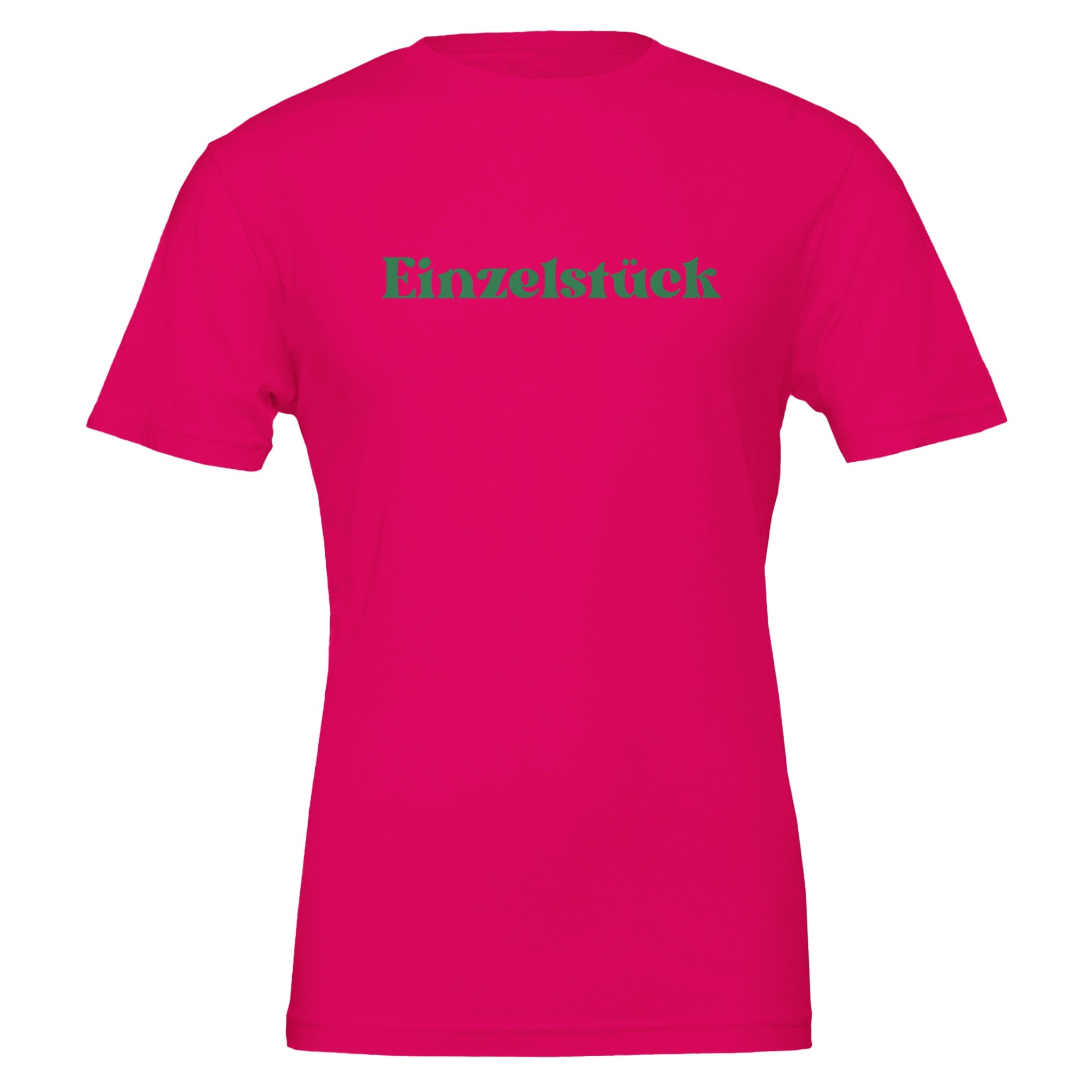Unisex T-Shirt in kräftigem Fuchsia aus hochwertiger Baumwolle mit grünem Schriftzug 