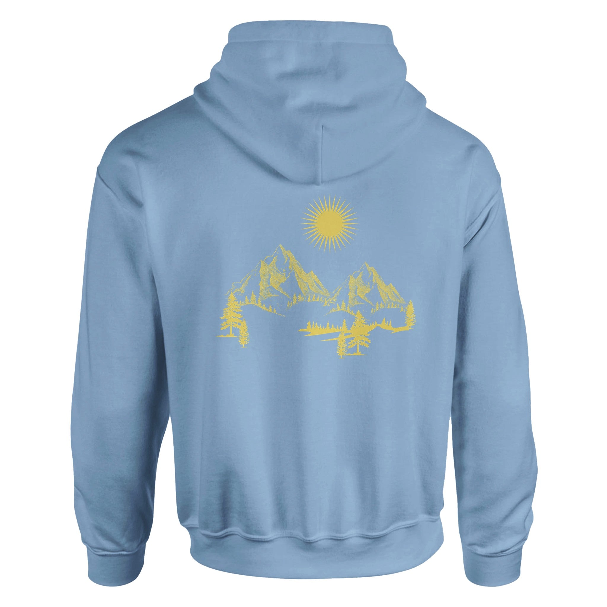 Hellblauer Unisex-Berg-Hoodie mit spirituellem, gelbem Berg- und Sonnen-Print, nachhaltiger Baumwoll-Polyester-Mix,.