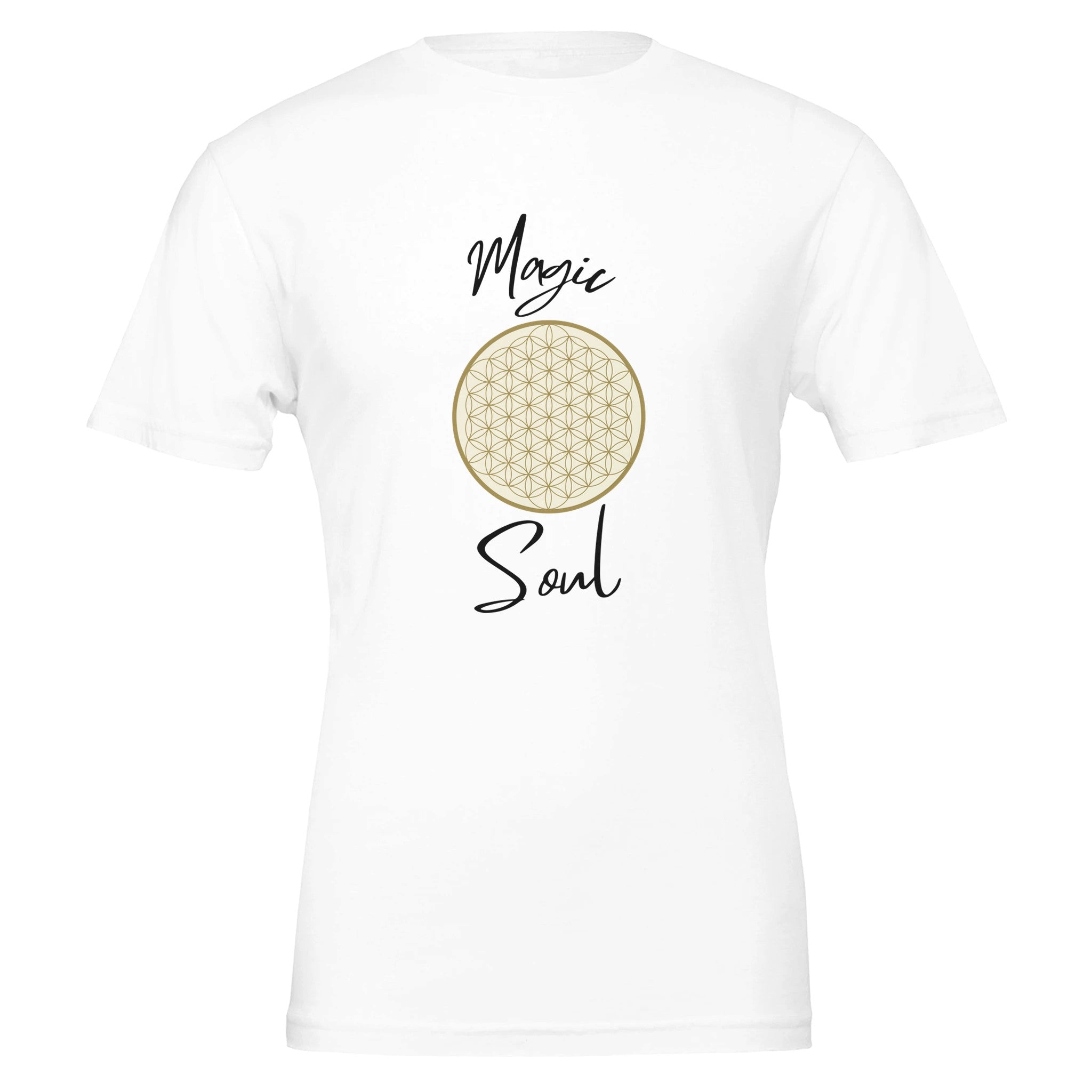 Weißes Unisex-T-Shirt aus hochwertiger Baumwolle mit spirituellem Blume des Lebens Print in Beige, melaniesouldesign,.