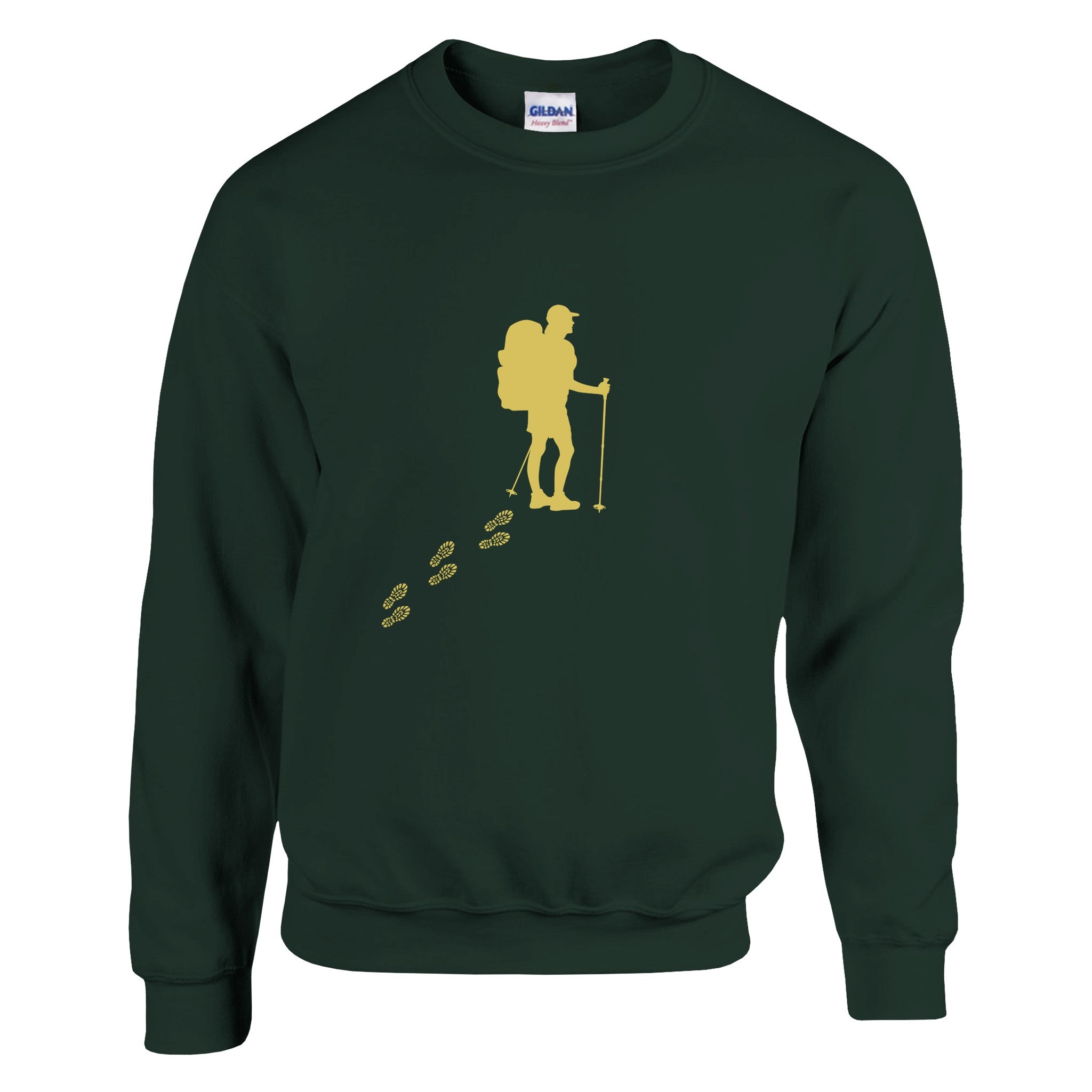 Unisex Wandern Pullover in dunklem Forest Green mit gelbem Wanderer-Print, hochwertige Baumwoll-Polyester-Mischung,.