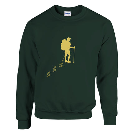 Unisex Wandern Pullover in dunklem Forest Green mit gelbem Wanderer-Print, hochwertige Baumwoll-Polyester-Mischung,.