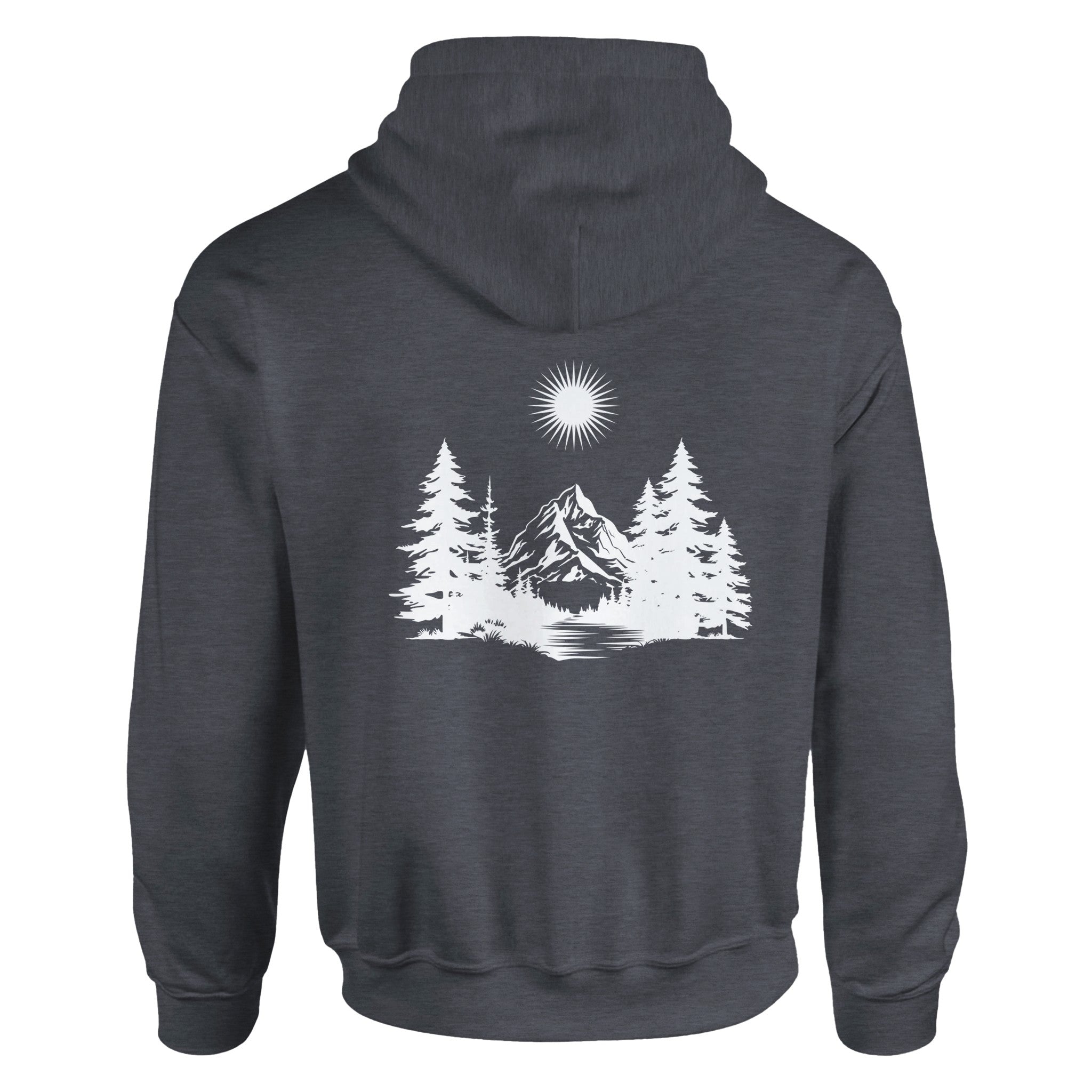 Dunkelgrauer Unisex-Hoodie aus hochwertigem Baumwoll-Polyester-Mix mit spirituellem Wald-Print und hellem Bergmotiv,.