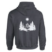 Dunkelgrauer Unisex-Hoodie aus hochwertigem Baumwoll-Polyester-Mix mit spirituellem Wald-Print und hellem Bergmotiv,.