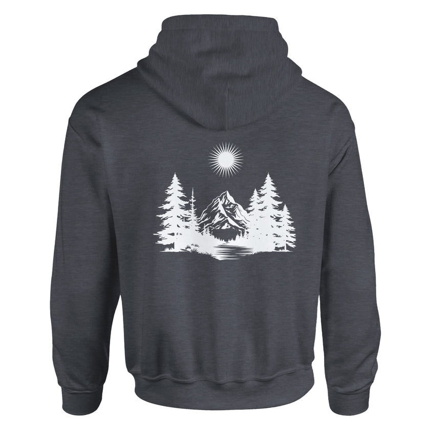 Dunkelgrauer Unisex-Hoodie aus hochwertigem Baumwoll-Polyester-Mix mit spirituellem Wald-Print und hellem Bergmotiv,.