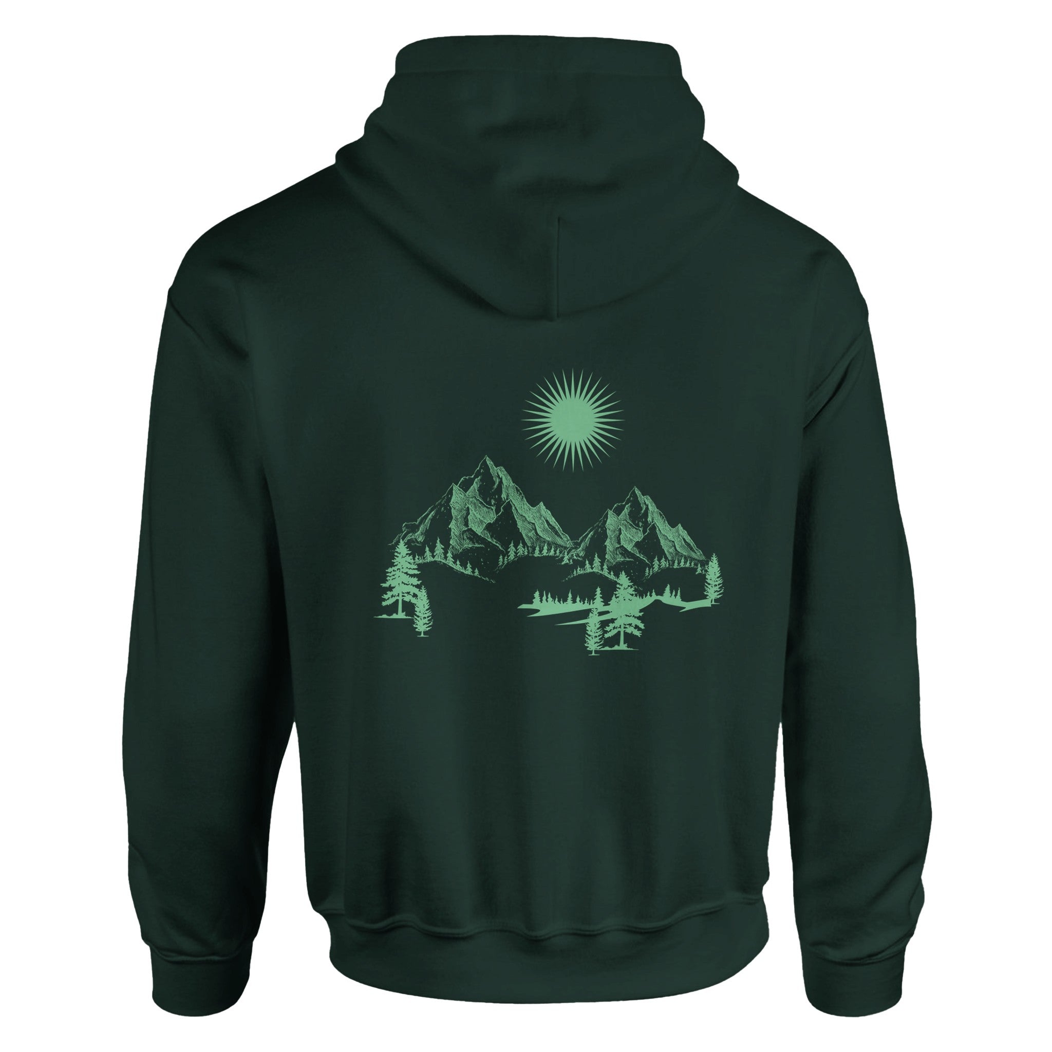 Dunkelgrüner Unisex-Hoodie aus hochwertigem Baumwoll-Polyester-Mix mit spirituellem Blume des Lebens Rückendruck in.