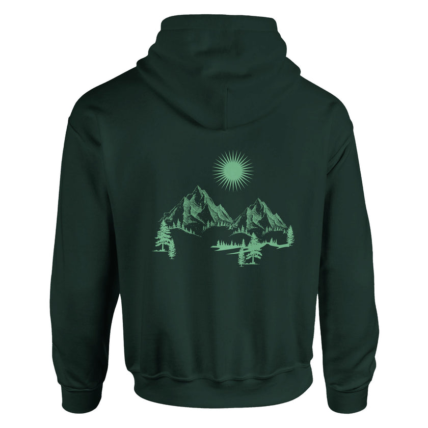 Dunkelgrüner Unisex-Hoodie aus hochwertigem Baumwoll-Polyester-Mix mit spirituellem Blume des Lebens Rückendruck in.