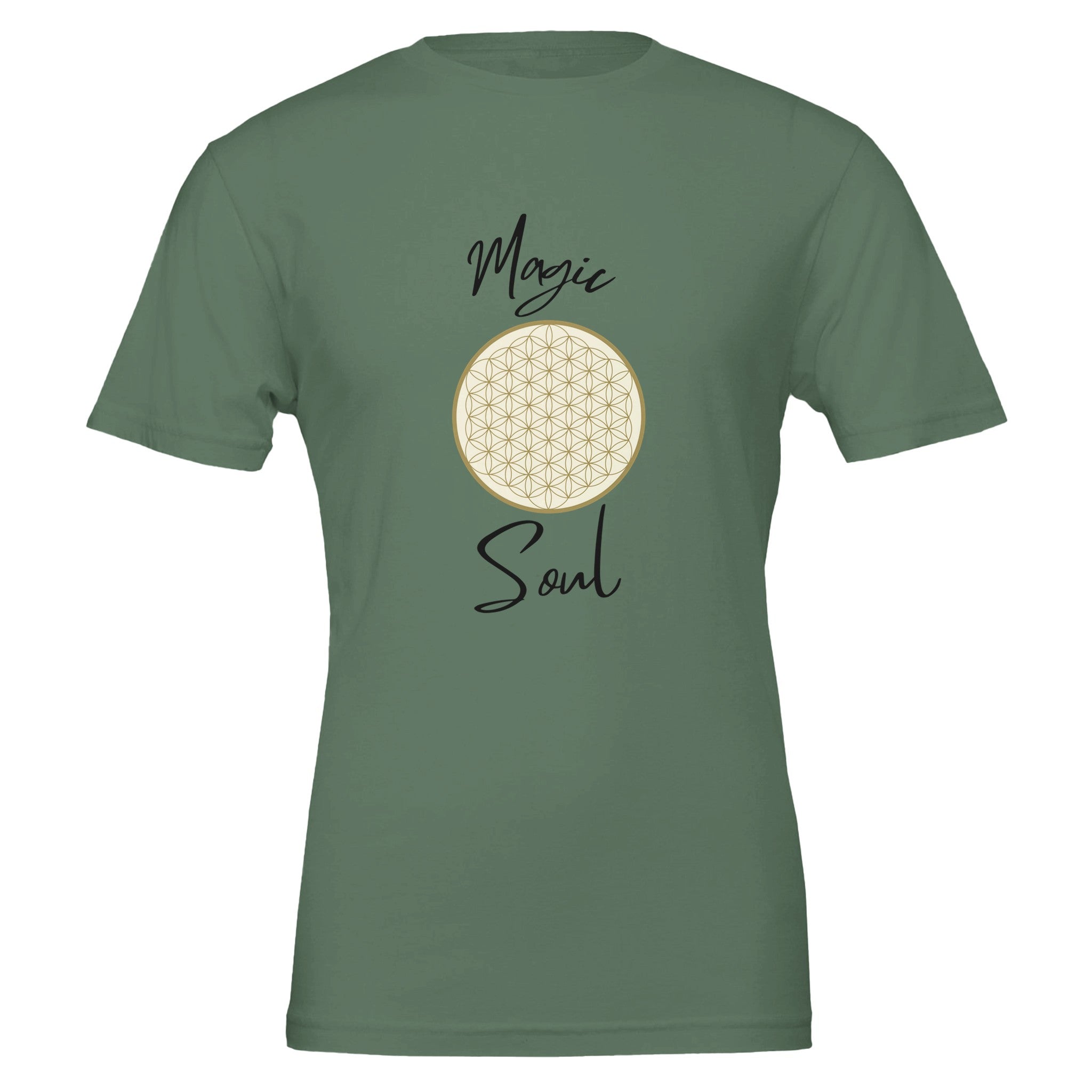 Grünes Unisex-T-Shirt aus hochwertiger Baumwolle mit spirituellem Blume des Lebens Print und melaniesouldesign Schriftzug,.