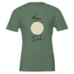 Grünes Unisex-T-Shirt aus hochwertiger Baumwolle mit spirituellem Blume des Lebens Print und melaniesouldesign Schriftzug,.