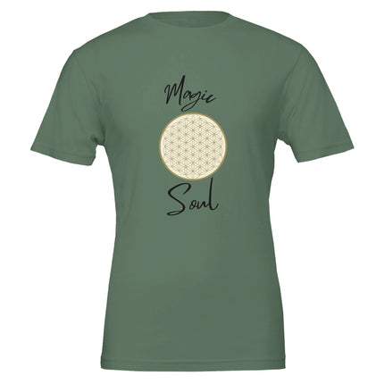 Grünes Unisex-T-Shirt aus hochwertiger Baumwolle mit spirituellem Blume des Lebens Print und melaniesouldesign Schriftzug,.
