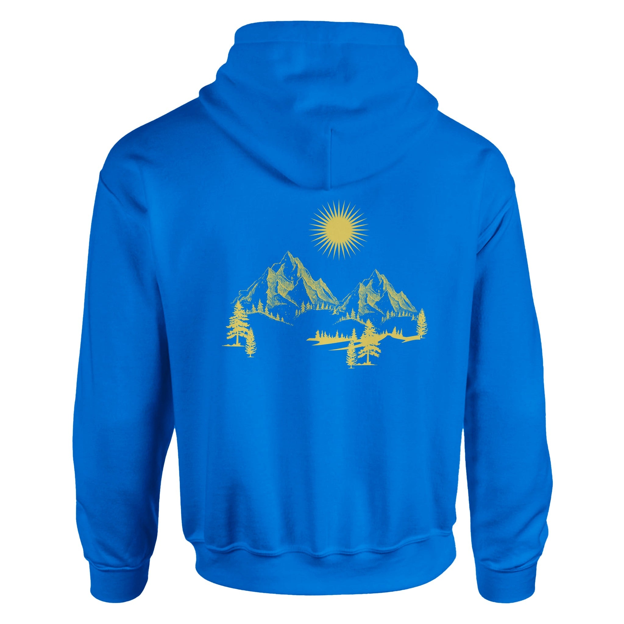Unisex Hoodie in Königsblau mit spirituellem, nachhaltigem Blume des Lebens Rückendruck in Gelb, hochwertige.
