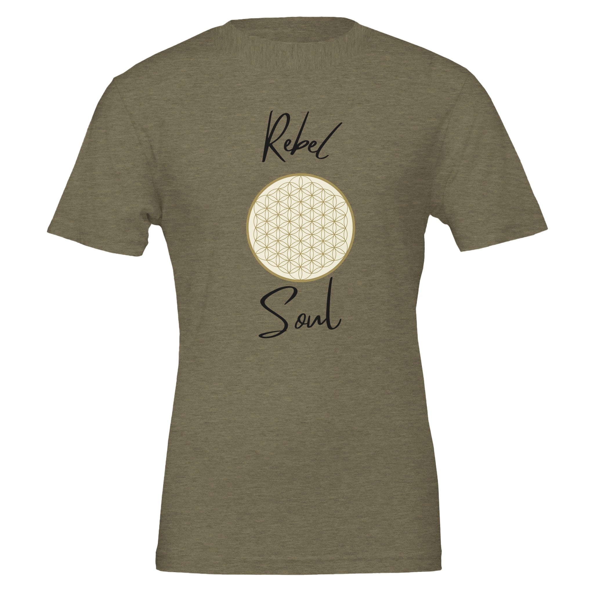 Unisex T-Shirt in Military Green mit spirituellem Blume des Lebens Print, nachhaltige, hochwertige Baumwolle,.