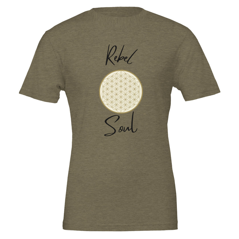 Unisex T-Shirt in Military Green mit spirituellem Blume des Lebens Print, nachhaltige, hochwertige Baumwolle,.