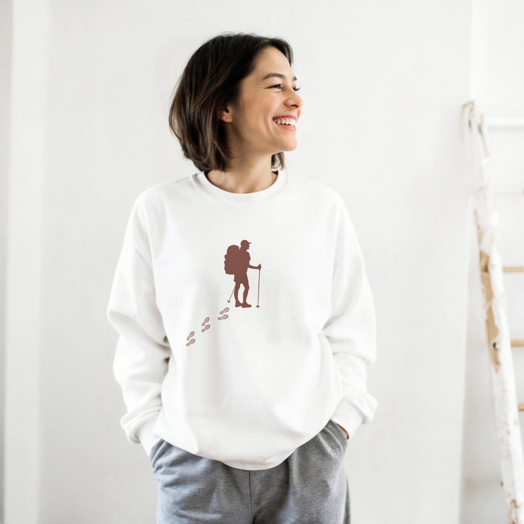 Weißer Wandern Pullover mit spirituellem, nachhaltigem Print „Blume des Lebens“ in Braun, Unisex-Passform, hochwertige.