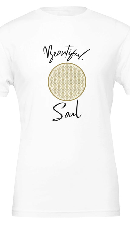 Weißes Unisex-T-Shirt aus hochwertiger Baumwolle mit spirituellem Blume des Lebens-Print und melaniesouldesign Schriftzug.