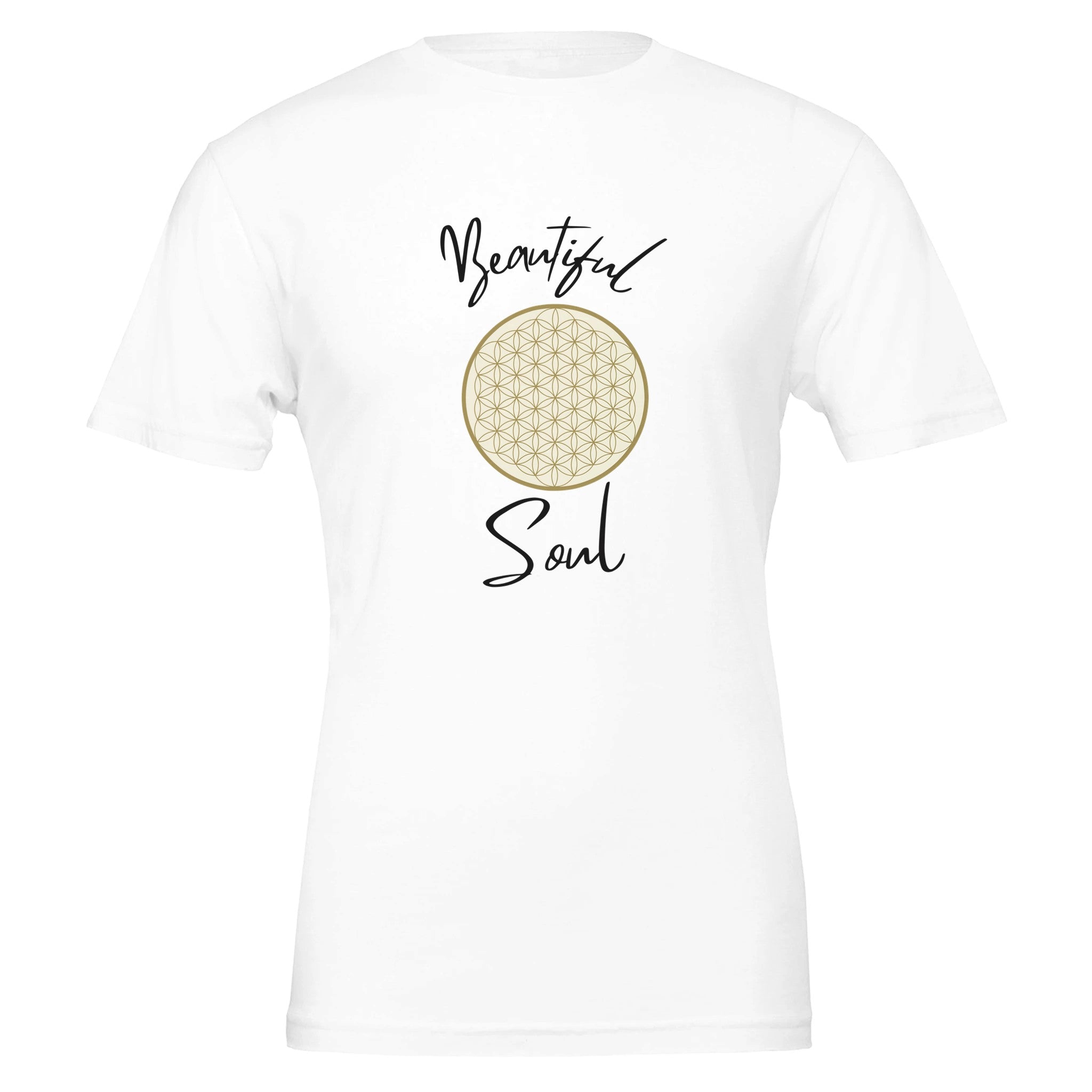 Weißes Unisex-T-Shirt aus hochwertiger Baumwolle mit spirituellem Blume des Lebens-Print und melaniesouldesign Schriftzug.