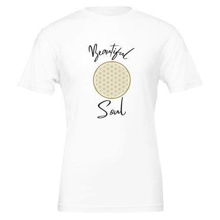 Weißes Unisex-T-Shirt aus hochwertiger Baumwolle mit spirituellem Blume des Lebens-Print und melaniesouldesign Schriftzug.