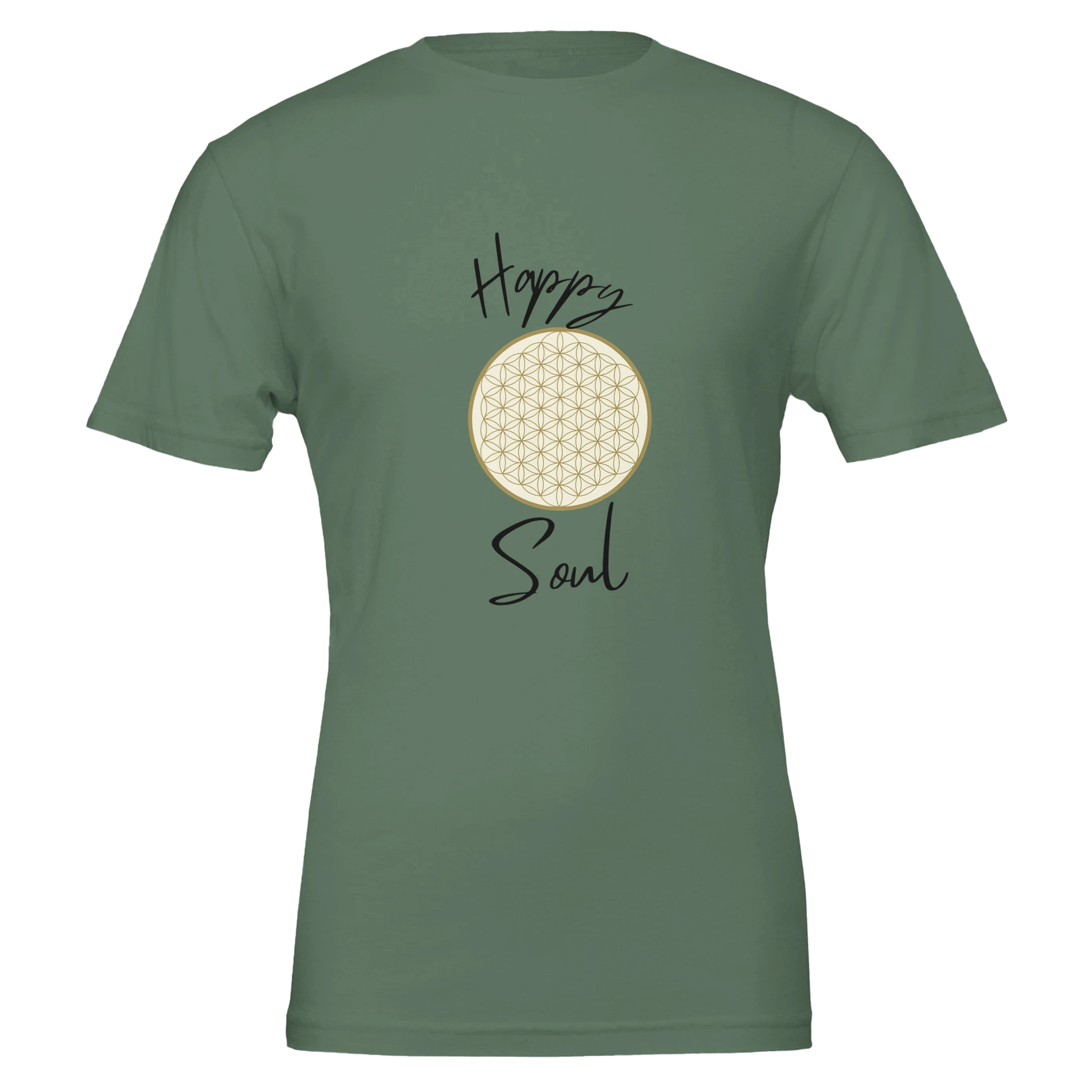Unisex T-Shirt in Military Green aus nachhaltiger Baumwolle mit spirituellem Blume des Lebens Print und hochwertigem.