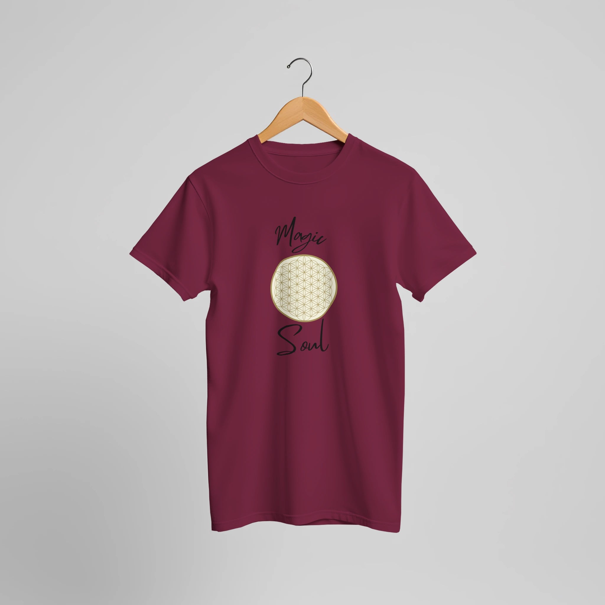 Bordeauxrotes Unisex-T-Shirt mit hochwertigem Baumwollstoff, spirituellem Blume des Lebens Print, melaniesouldesign,.