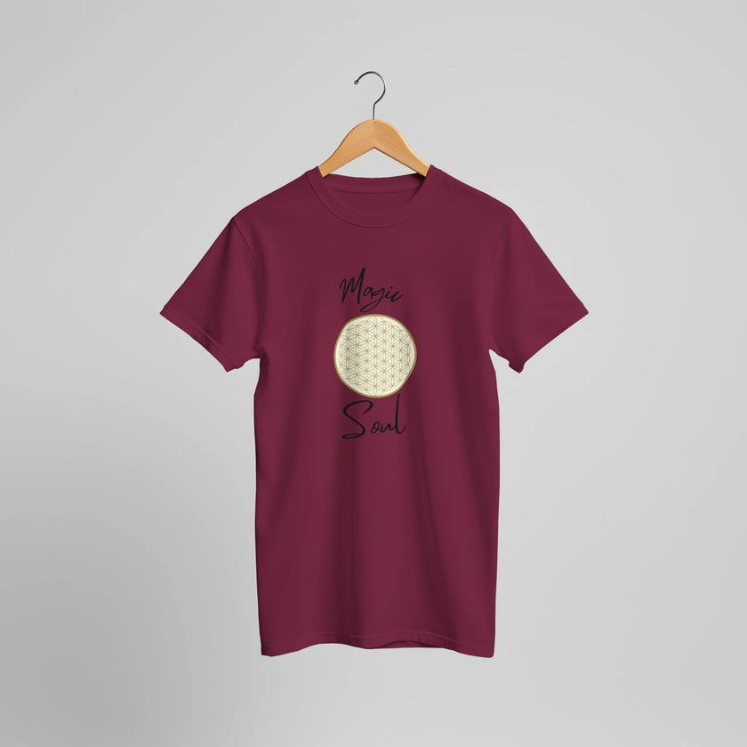 Bordeauxrotes Unisex-T-Shirt mit hochwertigem Baumwollstoff, spirituellem Blume des Lebens Print, melaniesouldesign,.