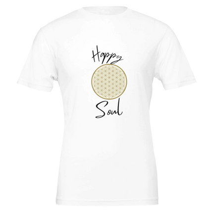 Weißes Unisex-T-Shirt aus hochwertiger Baumwolle mit spirituellem Blume des Lebens Print und melaniesouldesign Schriftzug.