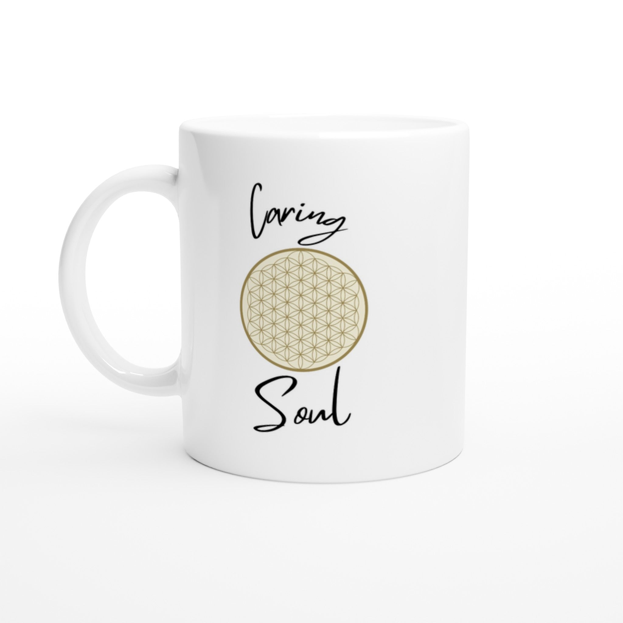 Weiße Keramiktasse mit hochwertigem Blume des Lebens Print, nachhaltig und spirituell gestaltet von melaniesouldesign,.