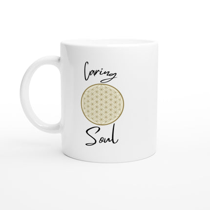 Weiße Keramiktasse mit hochwertigem Blume des Lebens Print, nachhaltig und spirituell gestaltet von melaniesouldesign,.