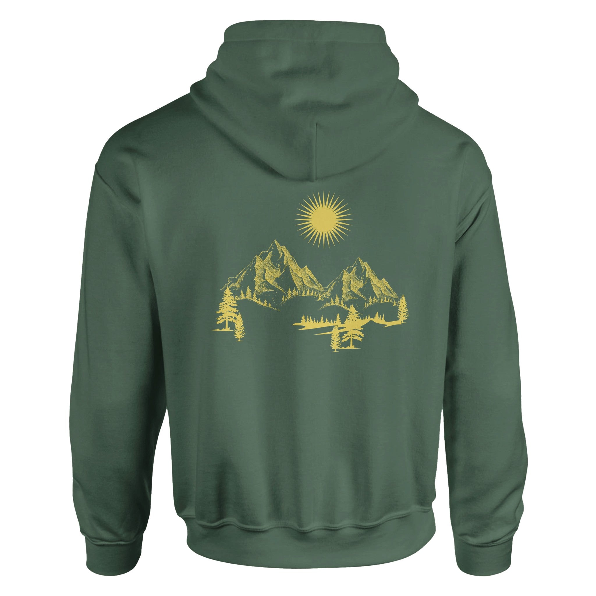 Unisex Hoodie in Military Green mit hochwertigem Baumwoll-Polyester-Mix und spirituellem gelbem Bergmotiv mit Sonne und.