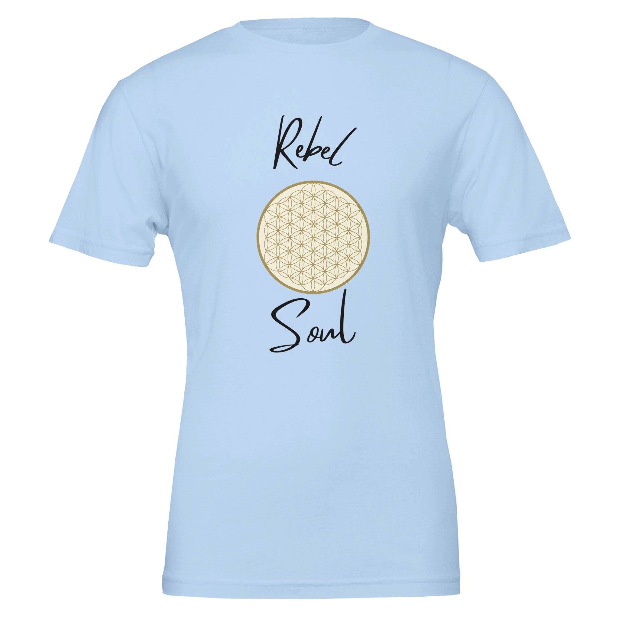 Hochwertiges unisex T-Shirt in Baby Blue mit spirituellem Blume des Lebens Print und melaniesouldesign Schriftzug.