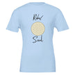 Hochwertiges unisex T-Shirt in Baby Blue mit spirituellem Blume des Lebens Print und melaniesouldesign Schriftzug.
