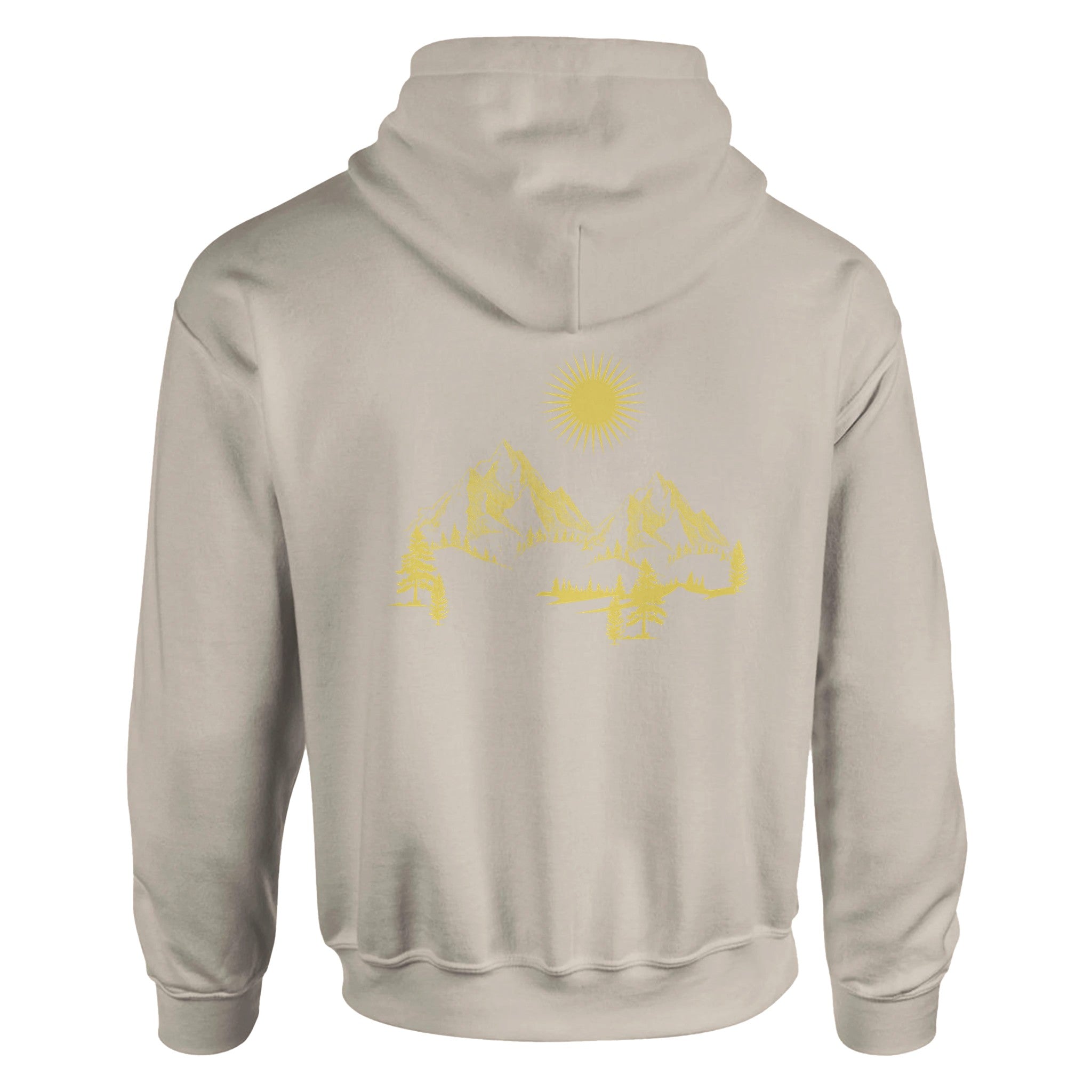 Nachhaltiger sandfarbener Unisex-Hoodie aus Baumwoll-Polyester-Mix mit hochwertigem gelbem.
