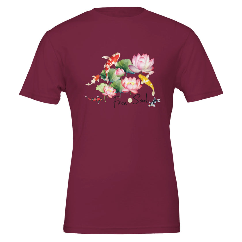 Unisex-T-Shirt in Kastanienbraun mit hochwertigem Print, spirituelles Koi- und Blume des Lebens-Motiv, nachhaltige.