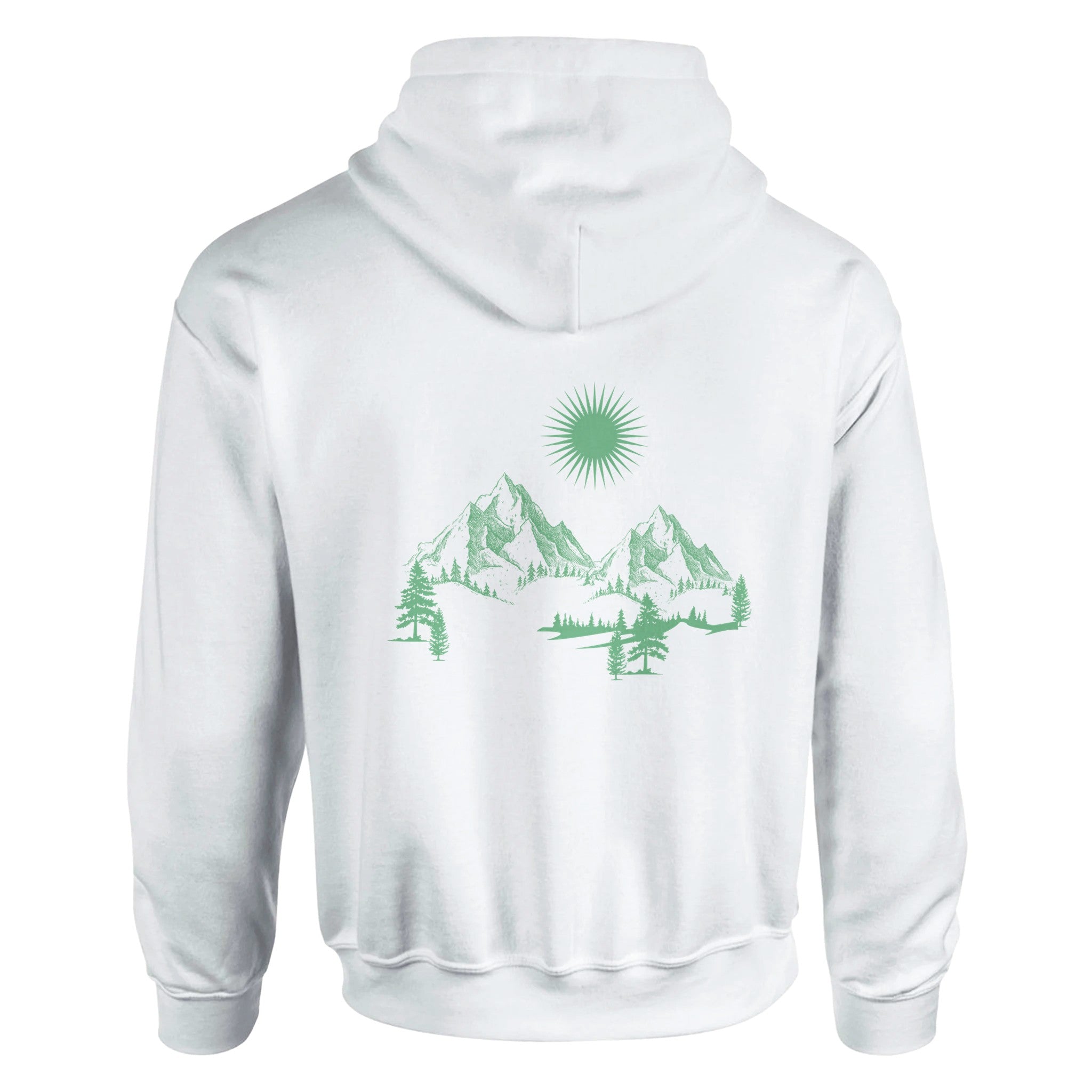 Weißer Unisex-Hoodie aus Baumwoll-Polyester-Mix mit hochwertigem, spirituellem grünen Berg- und Sonnen-Rückendruck,.