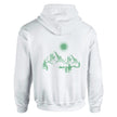 Weißer Unisex-Hoodie aus Baumwoll-Polyester-Mix mit hochwertigem, spirituellem grünen Berg- und Sonnen-Rückendruck,.