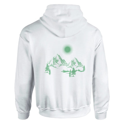 Weißer Unisex-Hoodie aus Baumwoll-Polyester-Mix mit hochwertigem, spirituellem grünen Berg- und Sonnen-Rückendruck,.