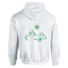Weißer Unisex-Hoodie aus Baumwoll-Polyester-Mix mit hochwertigem, spirituellem grünen Berg- und Sonnen-Rückendruck,.