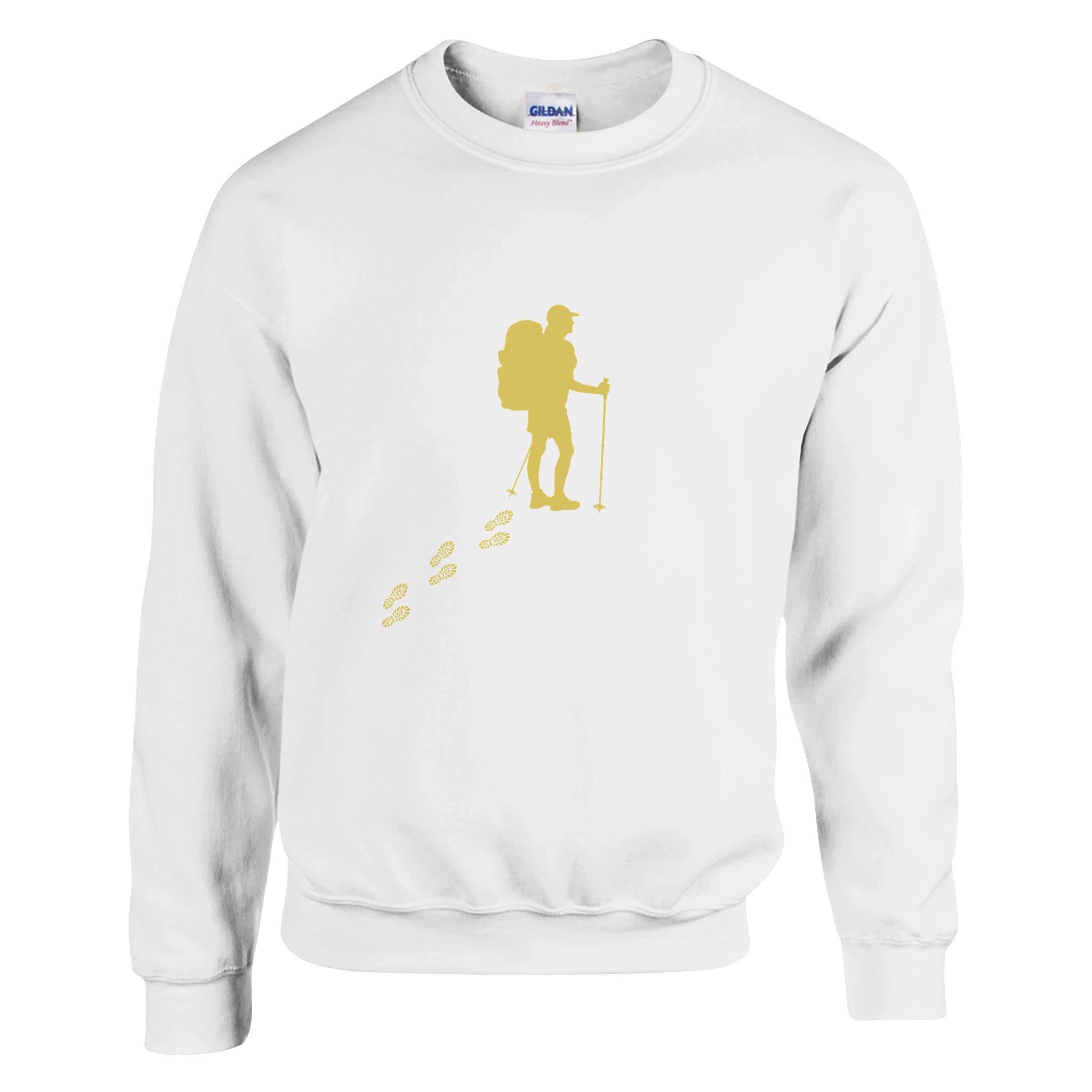 Weißes unisex Wandern Pullover mit spirituellem gelbem Wanderer-Motiv, nachhaltige Baumwollmischung, hochwertig,.