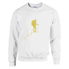 Weißes unisex Wandern Pullover mit spirituellem gelbem Wanderer-Motiv, nachhaltige Baumwollmischung, hochwertig,.