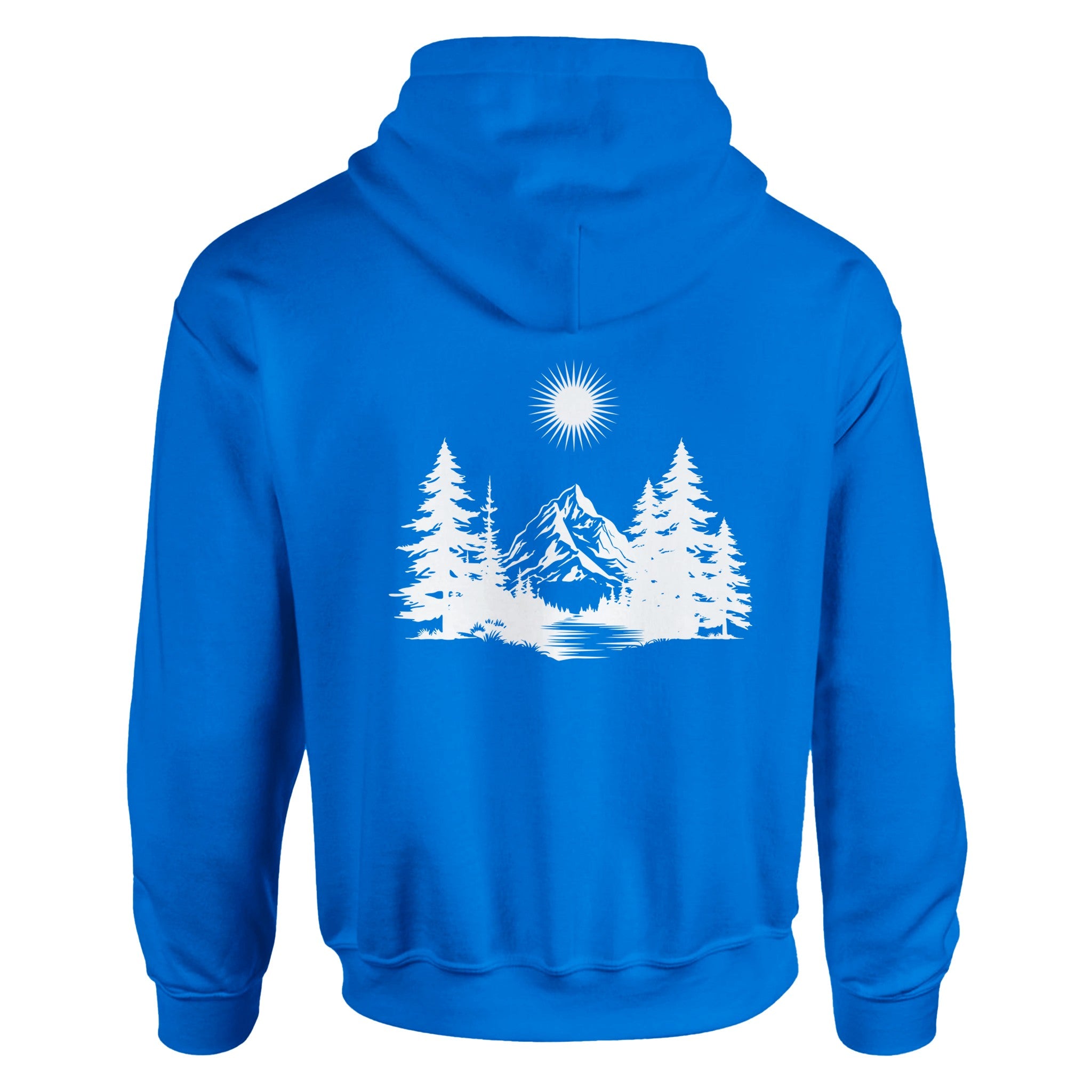 Unisex Hoodie in Königsblau mit weißem spirituellem Wald-Print, Blume des Lebens, nachhaltiger Baumwoll-Polyester-Mix,.