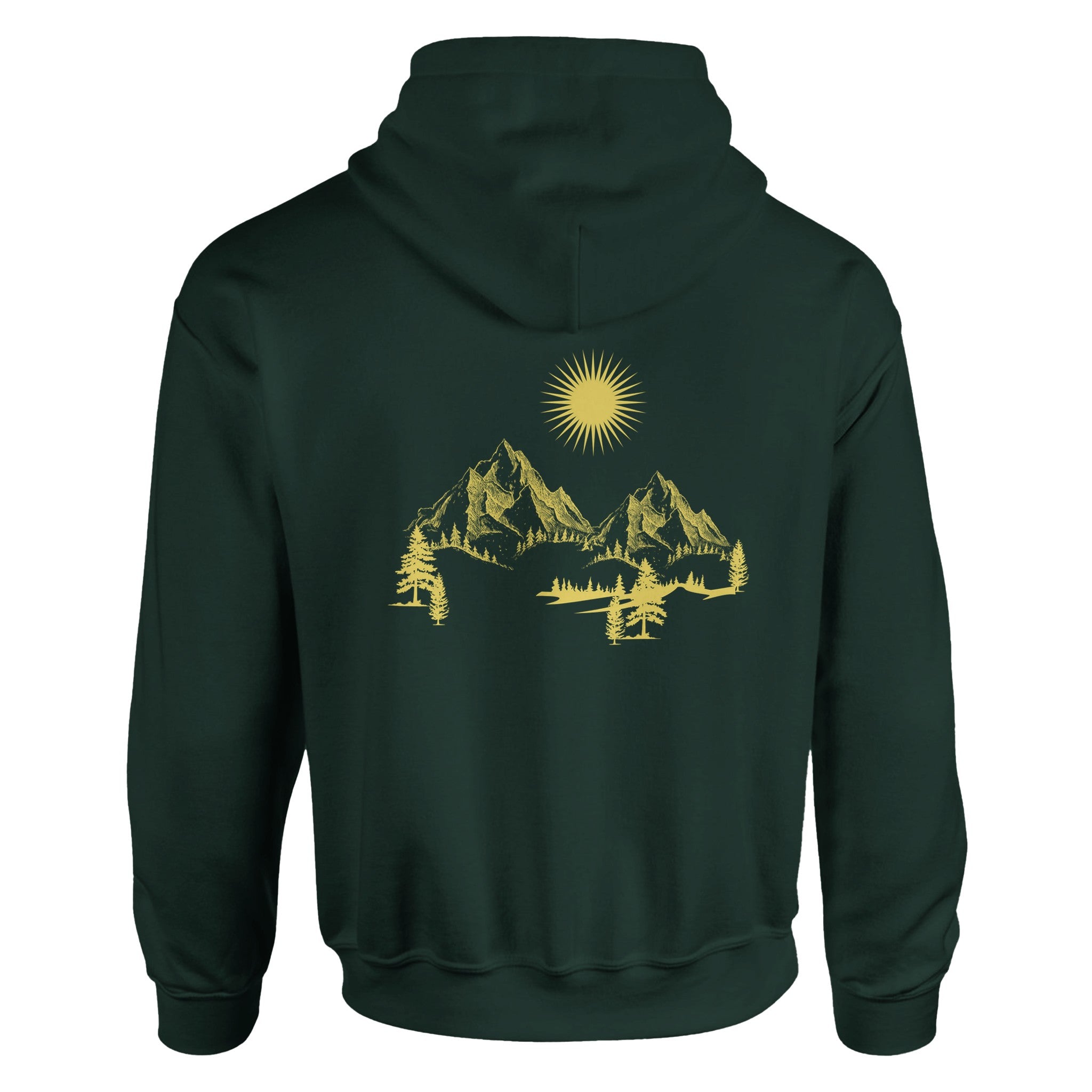 Dunkelgrüner Unisex-Hoodie aus hochwertigem Baumwoll-Polyester-Mix mit spirituellem Bergmotiv und Sonnenkreis, nachhaltig.