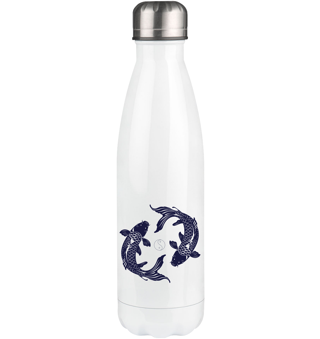 Hochwertige Edelstahl-Thermoflasche mit blauem Koi & Yin Yang. Hält 12h heiß, 24h kalt. Perfekt für Yoga, Meditation & unterwegs. 500ml. Balance & Transformation.