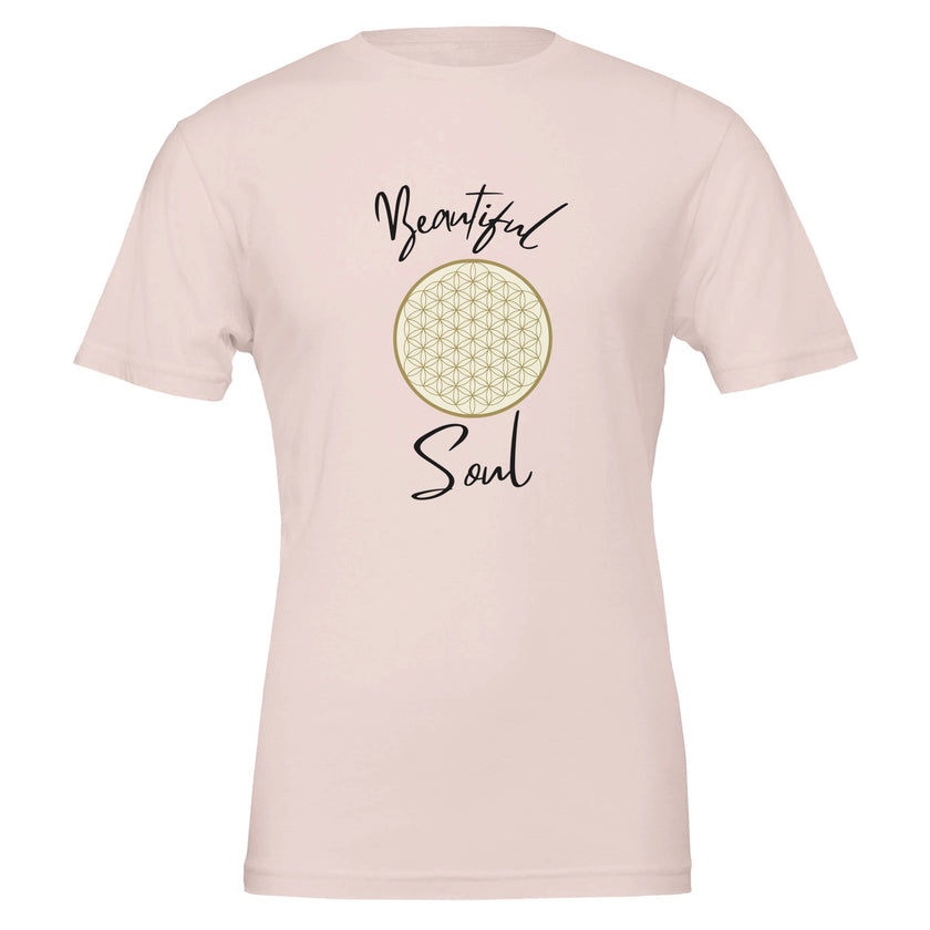 Unisex T-Shirt in sanftem Rosa mit spirituellem Blume des Lebens-Print, hochwertig, nachhaltig, melaniesouldesign.