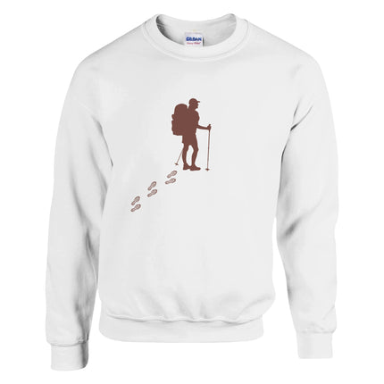 Weißer Unisex Pullover mit spirituellem Wanderer-Motiv in Braun, nachhaltige Baumwoll-Polyester-Mischung, hochwertig,.
