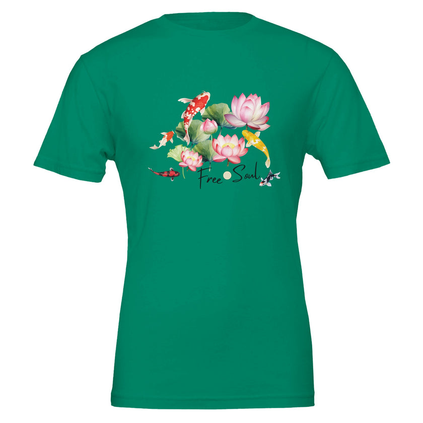 Unisex-Kelly-grünes T-Shirt aus hochwertiger Baumwolle mit spirituellem Koi-Print, Lotusblume und Blume des Lebens,.