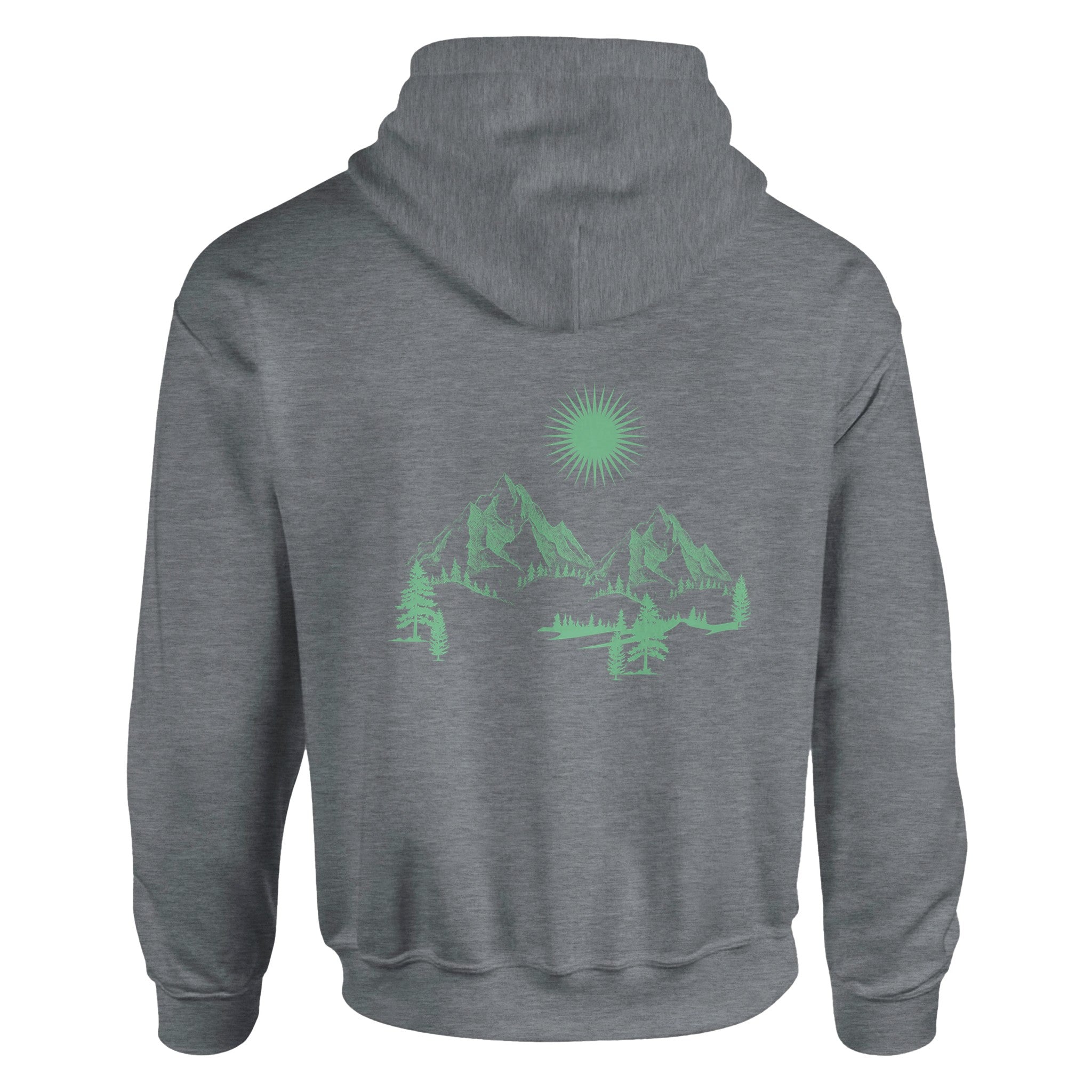Unisex Hoodie in sportlichem Grau mit spirituellem, grün leuchtendem Bergmotiv und nachhaltigem Baumwoll-Polyester-Mix,.