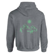 Unisex Hoodie in sportlichem Grau mit spirituellem, grün leuchtendem Bergmotiv und nachhaltigem Baumwoll-Polyester-Mix,.